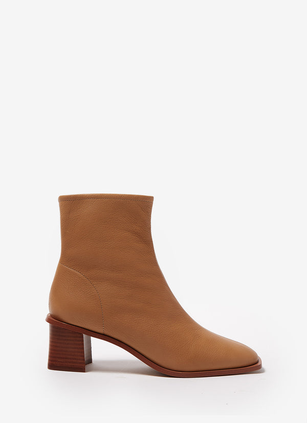 Camel Leather Ankle Boots With Block Heel