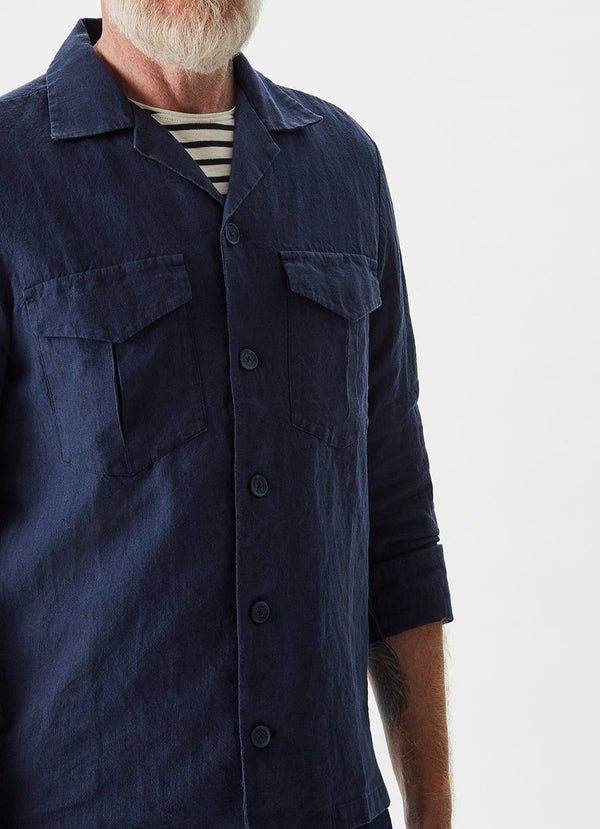 Navy Blue Linen Overshirt With Chest Pockets