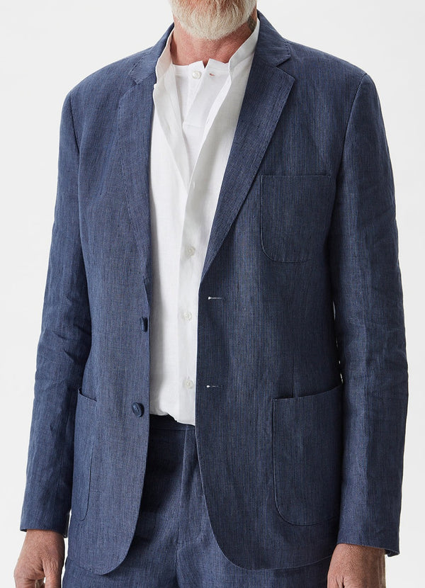 Navy Blue Linen Jacket With Patch Pockets