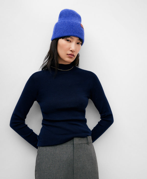 Navy Blue Merino Wool Ribbed Sweater For Women