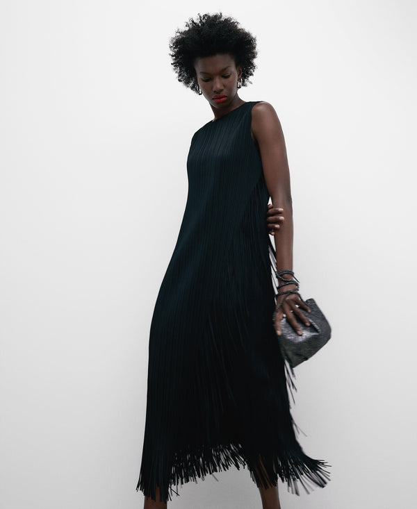 Black Recycled Polyester Fringed Dress