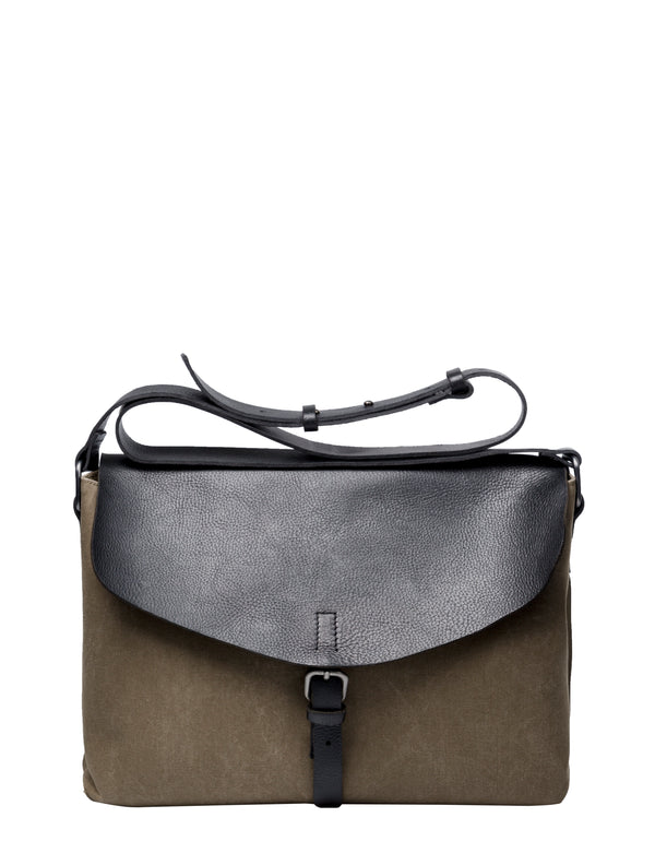 Khaki Cotton Messenger Bag With Leather Flap