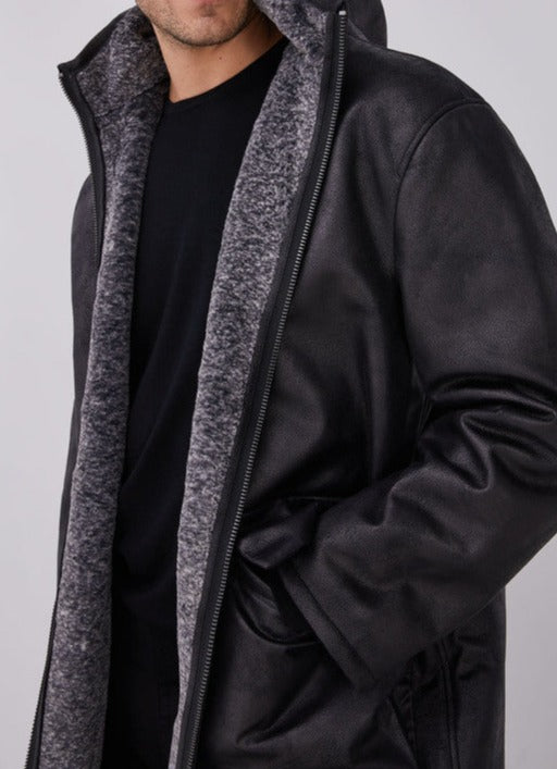 Black Responsible Leather Hooded Three-Quarter Coat