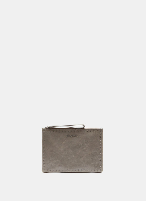 Grey Crackled Leather Clutch With Metal Studs