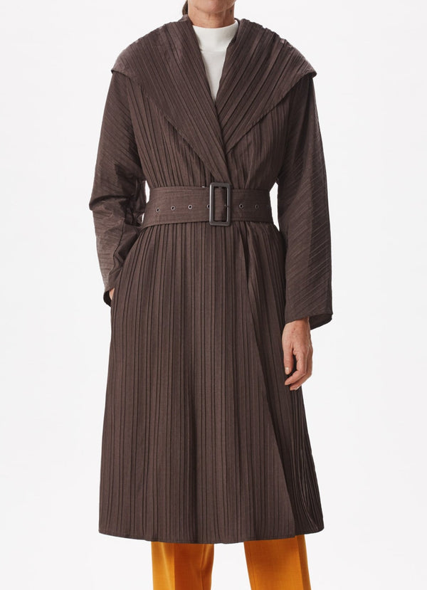 Brown Pleated Trench Coat With Maxi-Lapels