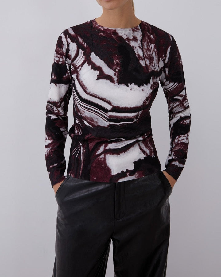 Women Jersey | Aubergine Print Printed Sweater With Crew Collar by Spanish designer Adolfo Dominguez