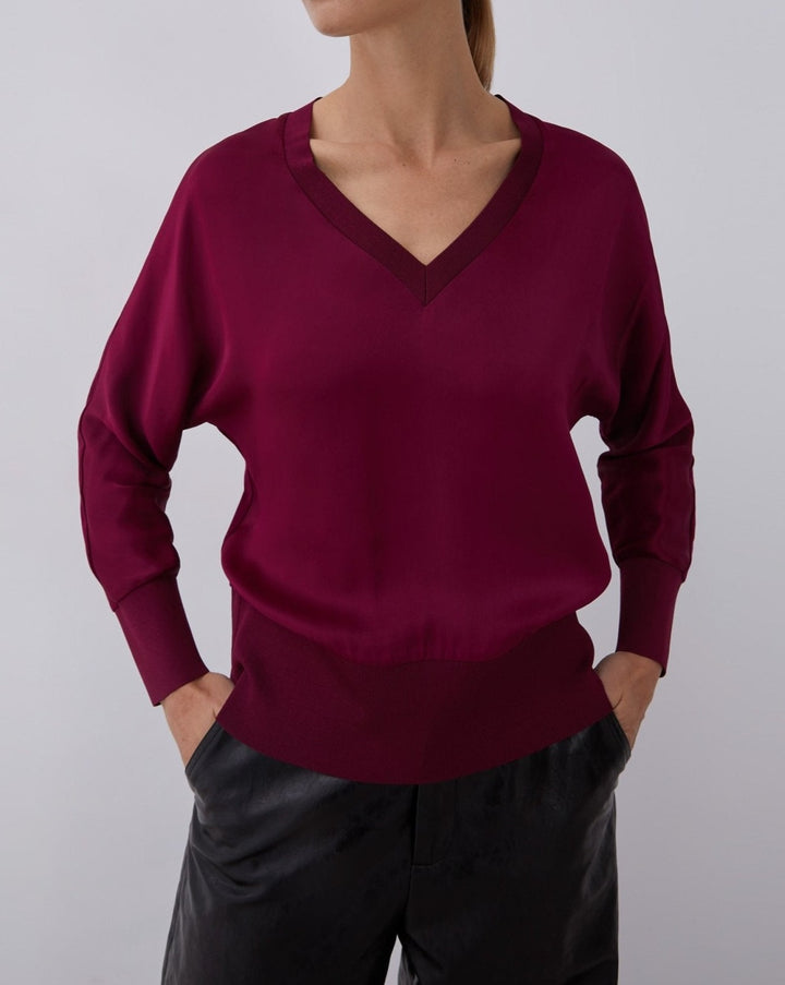 Women Long-Sleeve T-Shirt | Aubergine V-Neck Viscose T-Shirt by Spanish designer Adolfo Dominguez