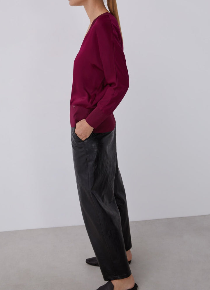Women Long-Sleeve T-Shirt | Aubergine V-Neck Viscose T-Shirt by Spanish designer Adolfo Dominguez