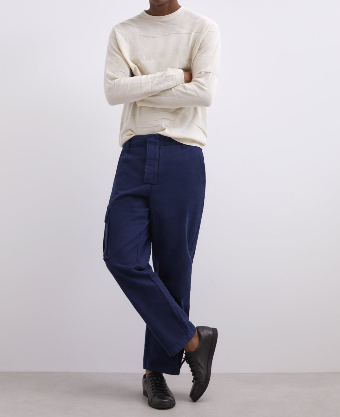 Men Jersey | Beige Cotton Intarsia Round Neck Sweater by Spanish designer Adolfo Dominguez
