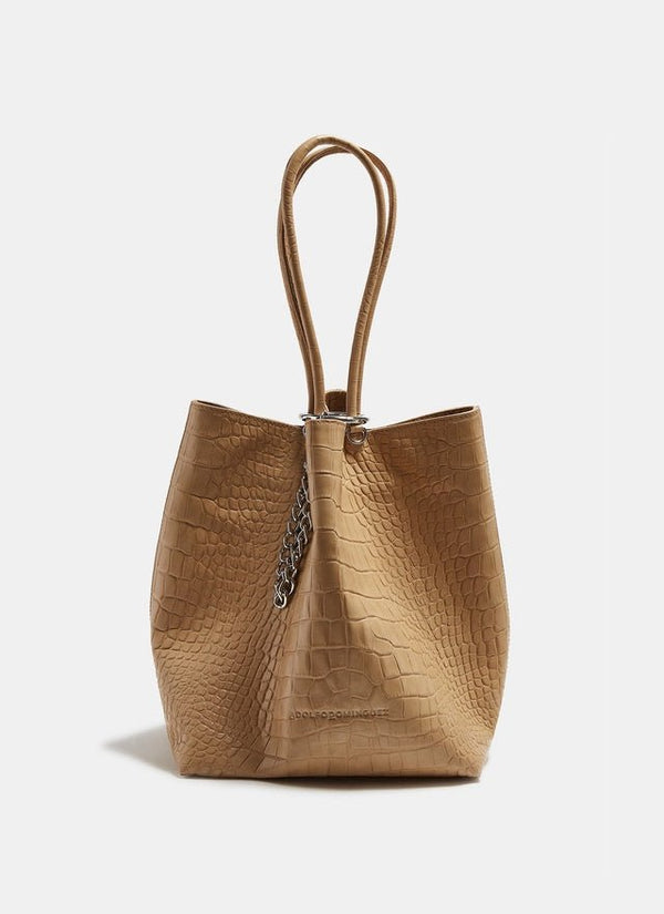 Women Leather Bag | Beige Leather Shopper With Crocodile Finish by Spanish designer Adolfo Dominguez