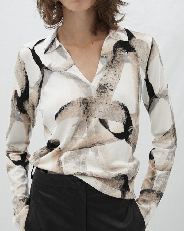 Women Knit Polo | Beige Organic Printed V-Neck Sweater by Spanish designer Adolfo Dominguez