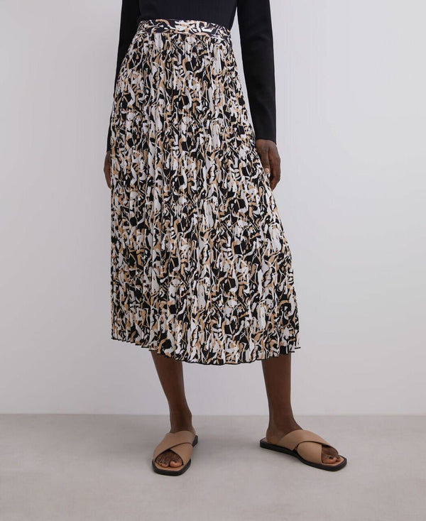 Women Skirt | Beige/Black Print Crinkle Printed Midi Skirt by Spanish designer Adolfo Dominguez