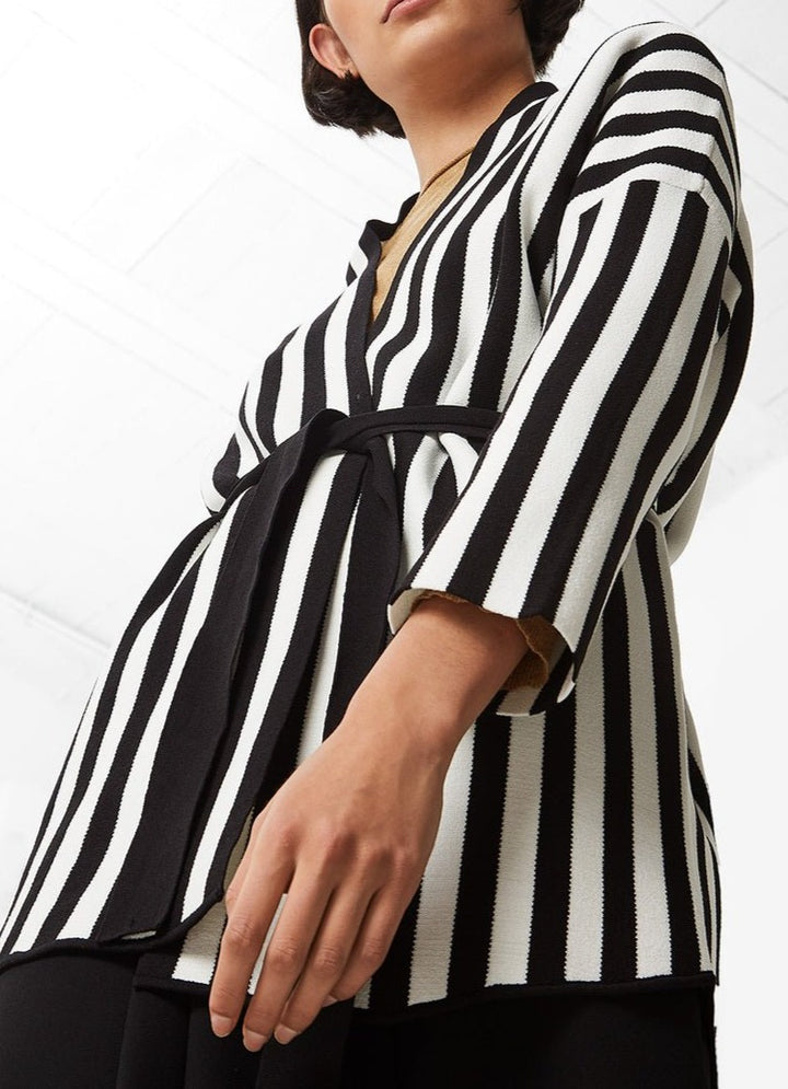 Women Jersey | Black And White Knit Cardigan With Vertical Stripes by Spanish designer Adolfo Dominguez