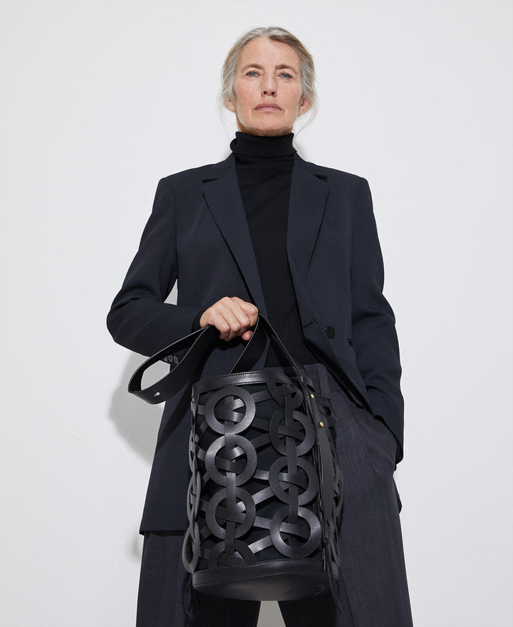 Women Bags | Black Braided Shoulder Bag In Leather Texture by Spanish designer Adolfo Dominguez