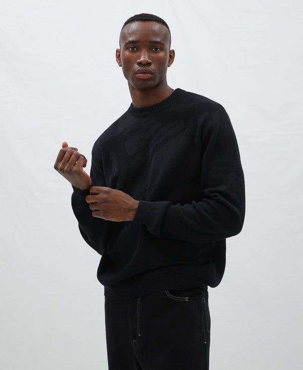 Men Jersey | Black Cotton Plated Knit Sweater by Spanish designer Adolfo Dominguez