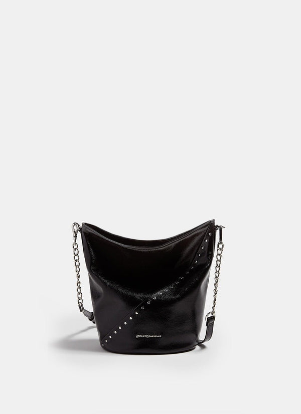 Women Leather Bag | Black Crackled Leather Tote With Metal Studs by Spanish designer Adolfo Dominguez