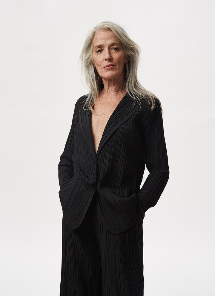 Women Unstructured Jacket | Black Crinkle Blazer by Spanish designer Adolfo Dominguez