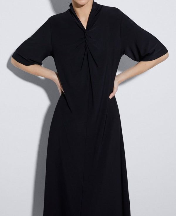 Women Dress | Black Draped Midi Dress by Spanish designer Adolfo Dominguez