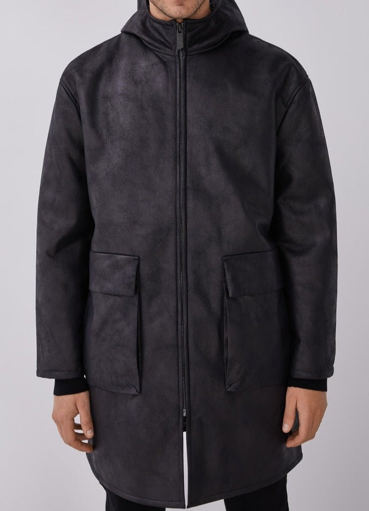 Men Ecoleather | Black Eco Leather Hooded Three-Quarter Coat by Spanish designer Adolfo Dominguez
