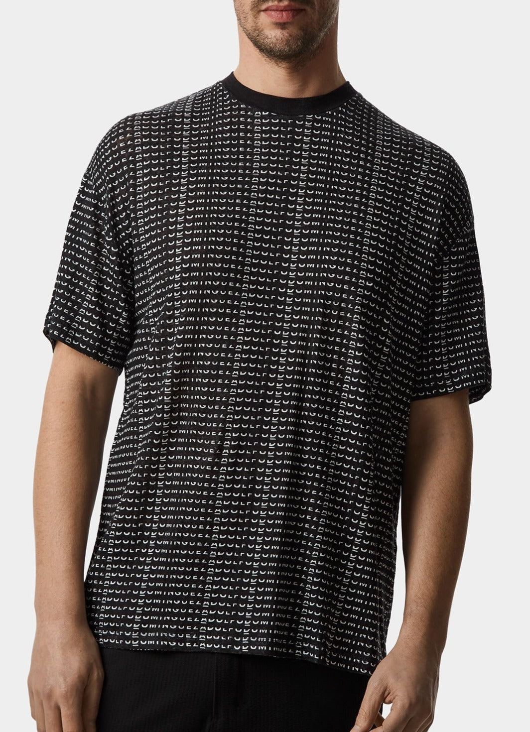 Men T-Shirt (Short Sleeve) | Black Elastic Linen T-Shirt With Print by Spanish designer Adolfo Dominguez