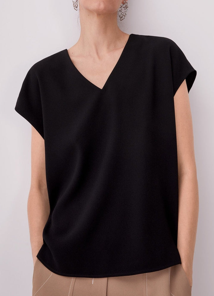 Women Shirt | Black Fluid T-Shirt With Short Drop Sleeve by Spanish designer Adolfo Dominguez