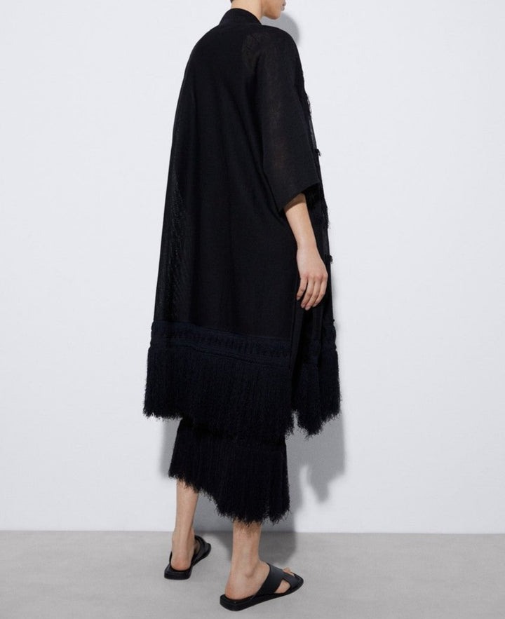 Women Knit Jacket | Black Fringed Kimono Jacket by Spanish designer Adolfo Dominguez