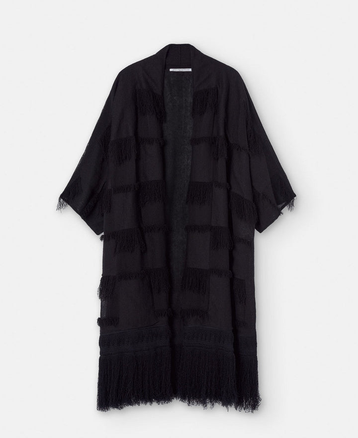 Women Knit Jacket | Black Fringed Kimono Jacket by Spanish designer Adolfo Dominguez