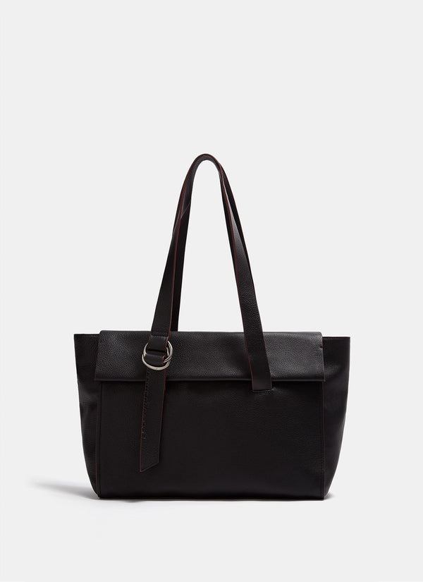 Women Leather Bag | Black Granulated Leather Citybag by Spanish designer Adolfo Dominguez