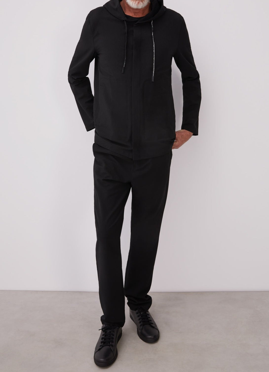 Men Overshirt | Black Hooded Overshirt With Logoed Laces by Spanish designer Adolfo Dominguez