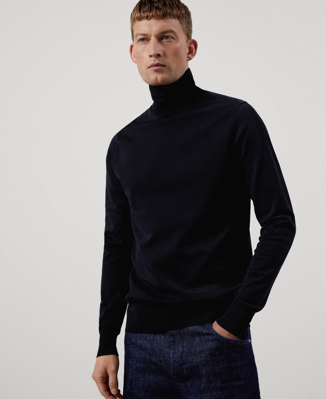 Men Jersey | Black Knitted Turtleneck Sweater by Spanish designer Adolfo Dominguez