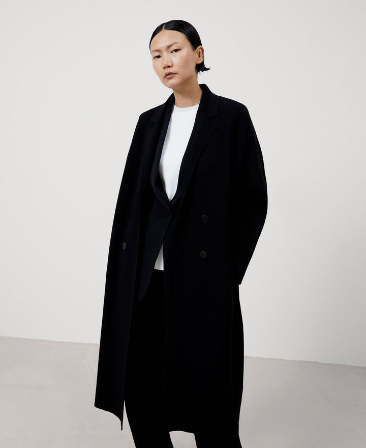 Women Coat | Black Lapel Knitted Coat by Spanish designer Adolfo Dominguez