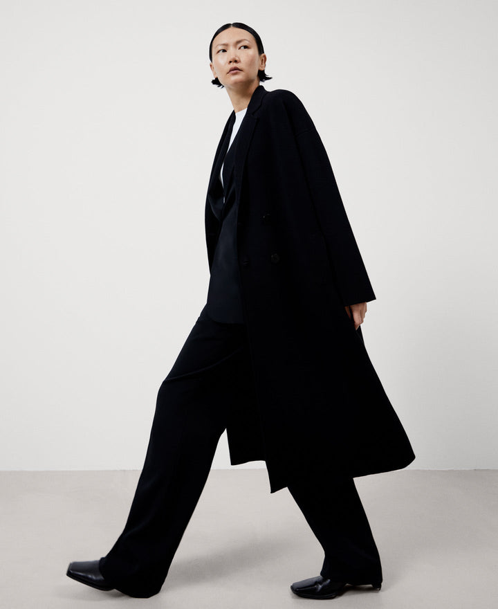 Women Coat | Black Lapel Knitted Coat by Spanish designer Adolfo Dominguez