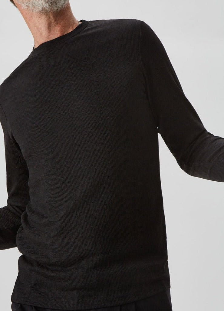 Men Long-Sleeve T-Shirt | Black Long Sleeve Crinkle T-Shirt by Spanish designer Adolfo Dominguez