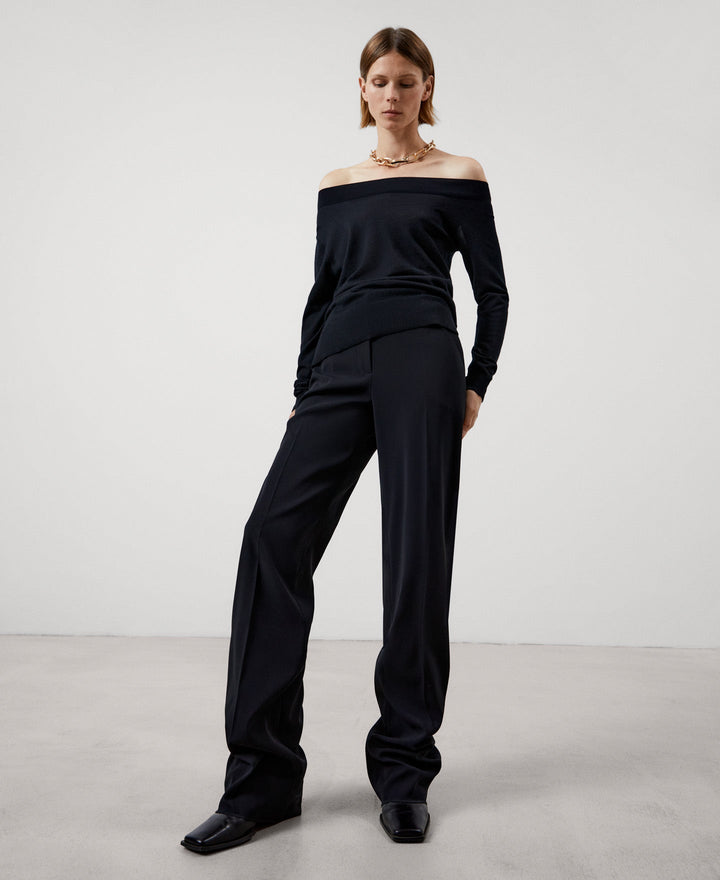 Women Jersey | Black Merino Wool Asymmetric Sweater by Spanish designer Adolfo Dominguez