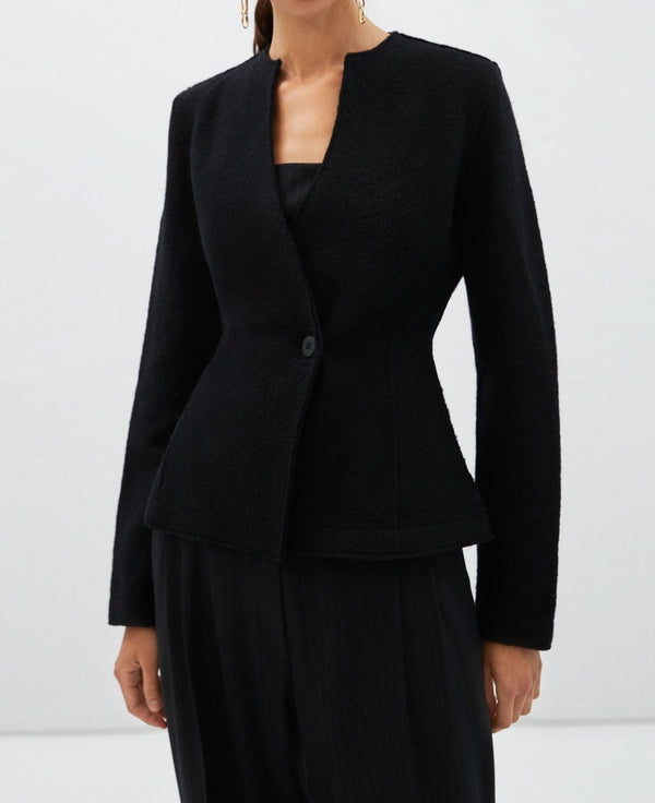 Women Structured Jacket | Black Merino Wool Crossover Jacket by Spanish designer Adolfo Dominguez