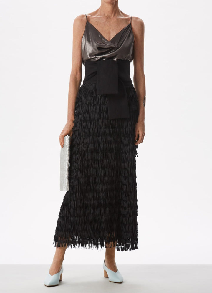 Women Top | Black Metallic Fabric Top With Draped Neckline by Spanish designer Adolfo Dominguez