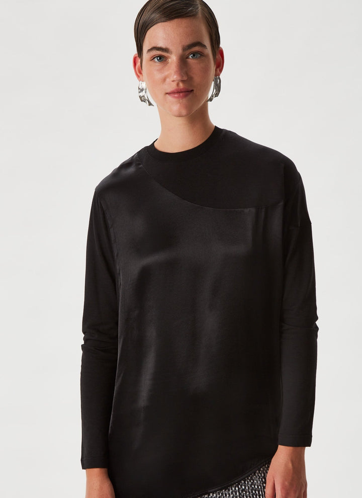 Women Long-Sleeve T-Shirt | Black Multi-Fabric Long Sleeve T-Shirt by Spanish designer Adolfo Dominguez
