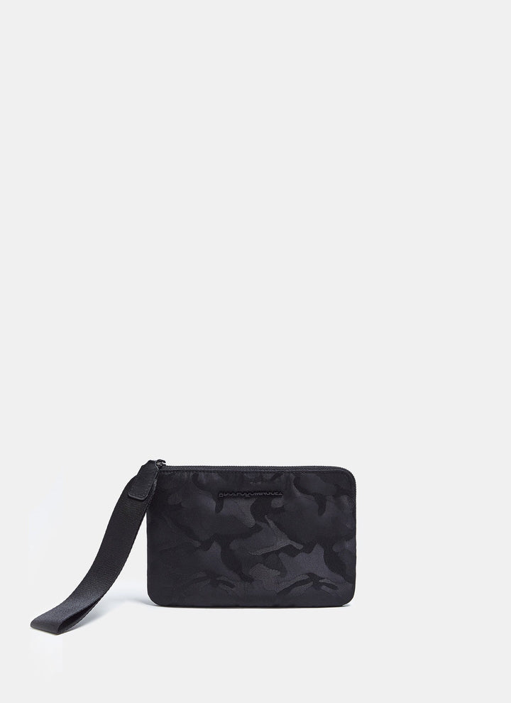 Women Dressing Case | Black Nylon Clutch With Camo Print by Spanish designer Adolfo Dominguez