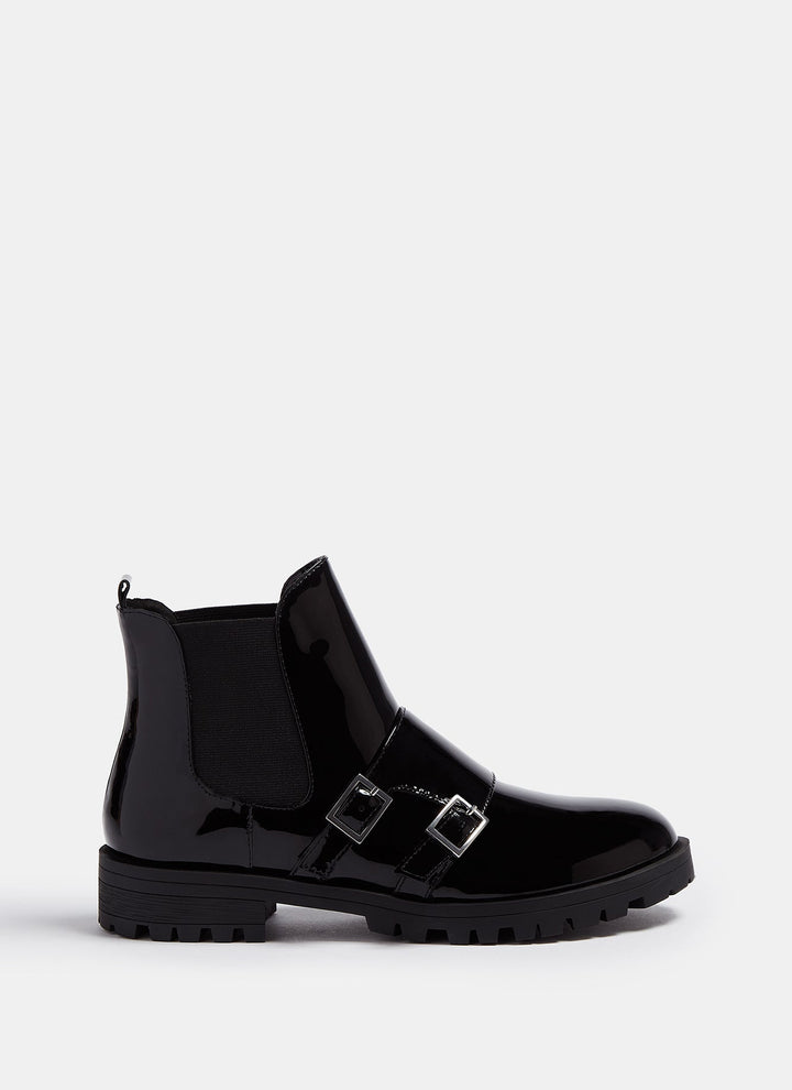 Women Shoes | Black Patent Ankle Boots With Buckle by Spanish designer Adolfo Dominguez
