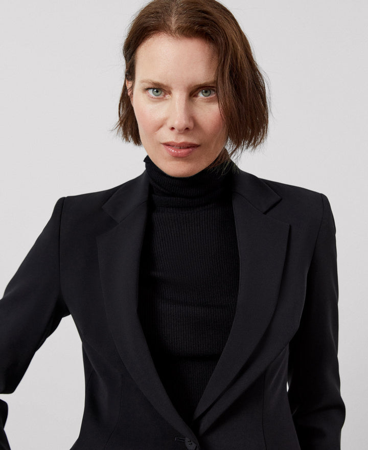Women Structured Jacket | Black Recycled Polyester Fitted Blazer by Spanish designer Adolfo Dominguez