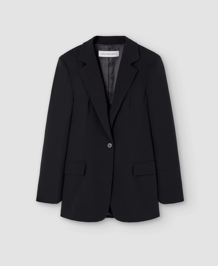 Women Structured Jacket | Black Recycled Polyester Fitted Blazer by Spanish designer Adolfo Dominguez