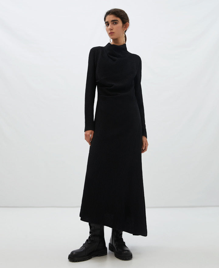 Women Dress | Black Ruffled Fabric Long Dress by Spanish designer Adolfo Dominguez