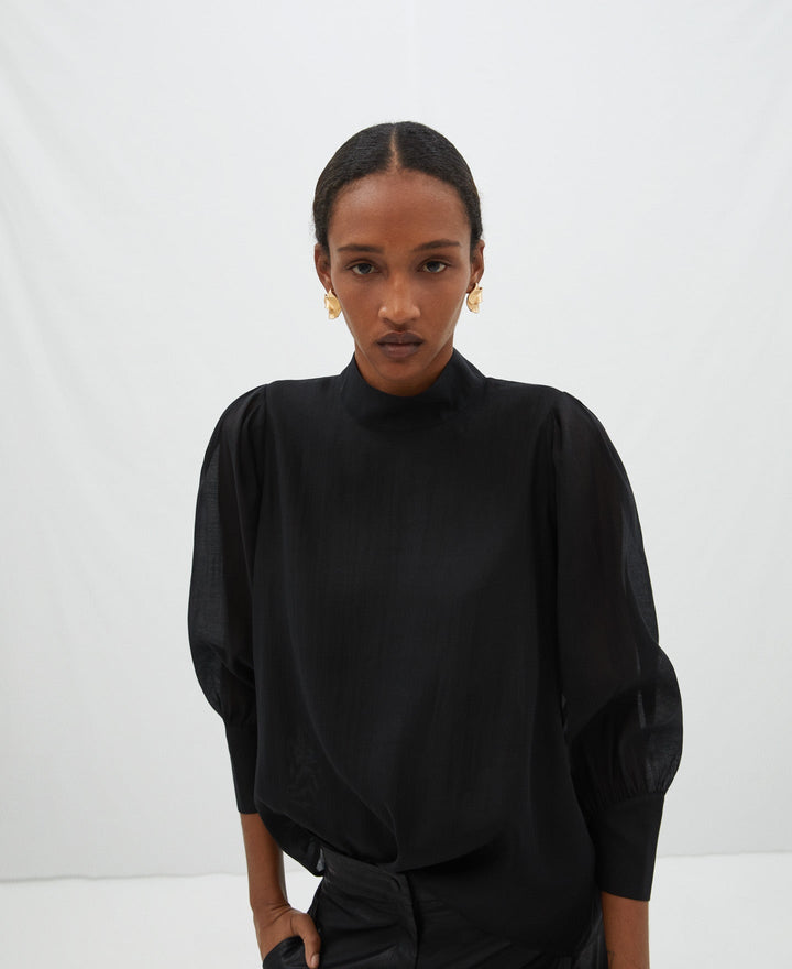 Women Long-Sleeve Shirt | Black Semitransparent Blouse In Lyocell by Spanish designer Adolfo Dominguez