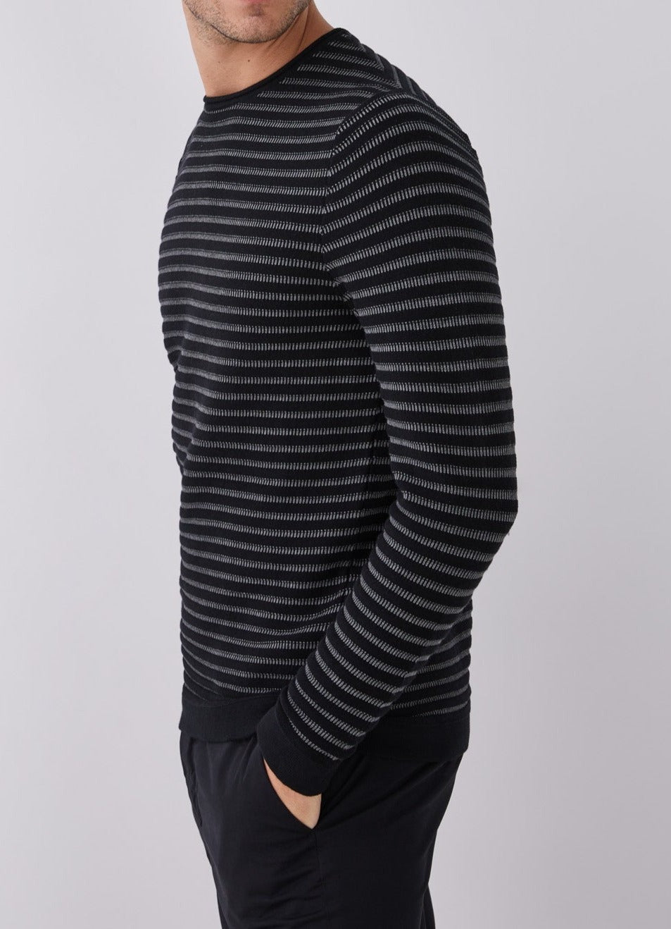 Men Jersey | Black Striped Cotton Sweater by Spanish designer Adolfo Dominguez
