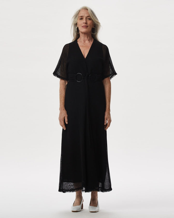 Women Dress | Black Textured Dress With Belt by Spanish designer Adolfo Dominguez