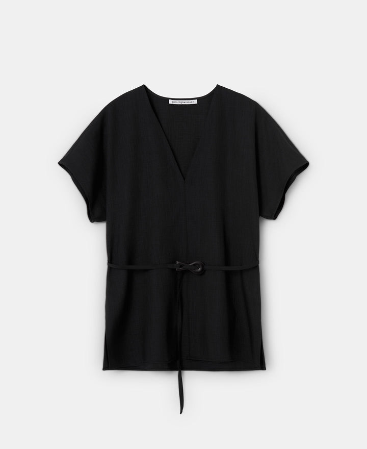 Women Short Sleeved Shirt | Black V Neckline Top With Belt by Spanish designer Adolfo Dominguez