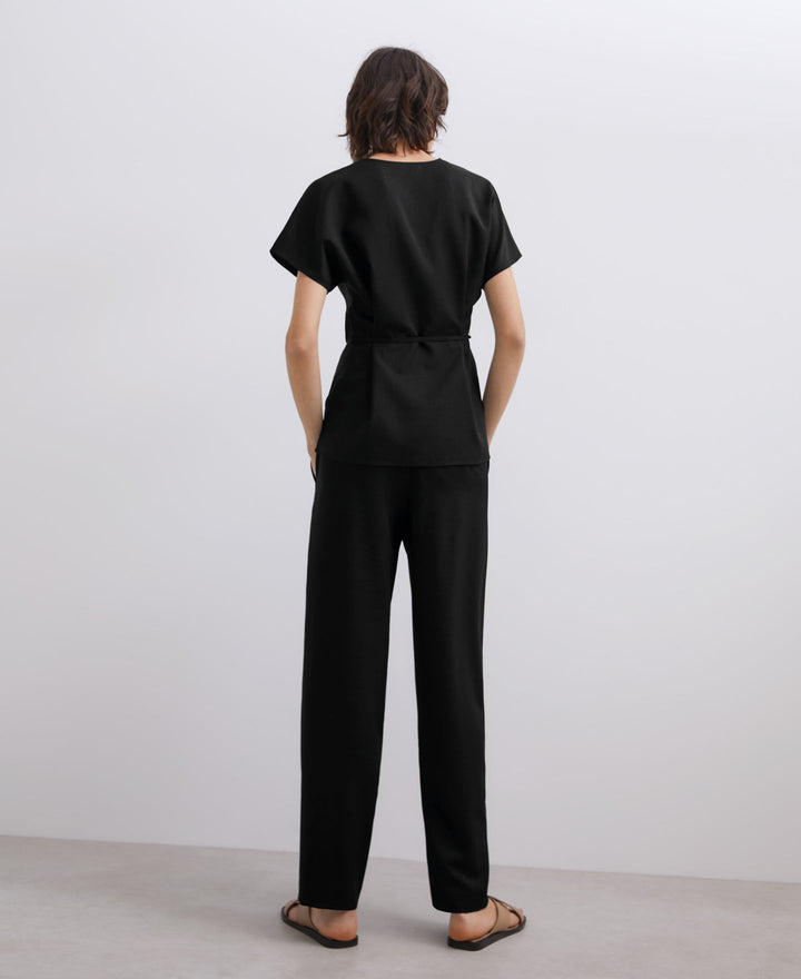 Women Short Sleeved Shirt | Black V Neckline Top With Belt by Spanish designer Adolfo Dominguez