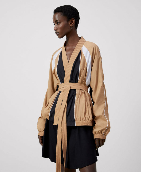 Women Short Jacket | Black/Camel Three-Color Nylon Kimono Jacket by Spanish designer Adolfo Dominguez