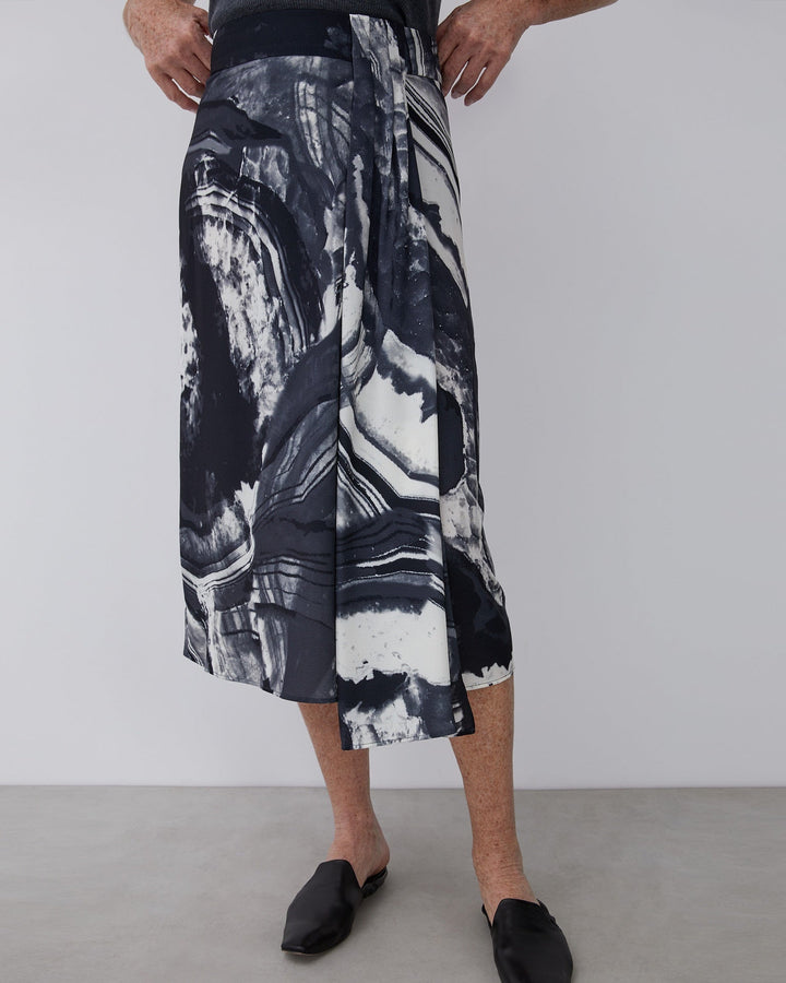 Women Skirt | Black/Grey Midi Printed Skirt With Side Godet by Spanish designer Adolfo Dominguez