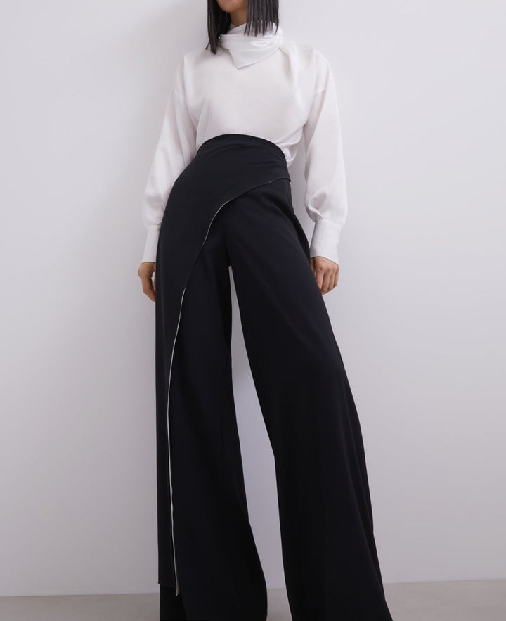 Women Trousers | Black/White Straight Trousers With Overlayer by Spanish designer Adolfo Dominguez